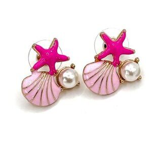 Vibrant Pink Starfish Shell 'Pearl' Sea Life Beachy Vibes Ocean Stud Earrings
